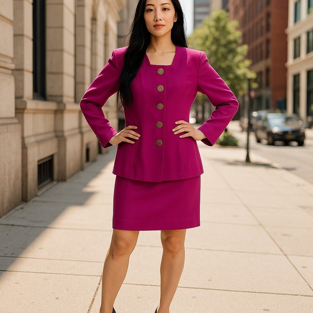 VTG Gillian 2 Pc Suit Set Women's 14 Lined 100% Silk Jacket Pencil Skirt Fitted